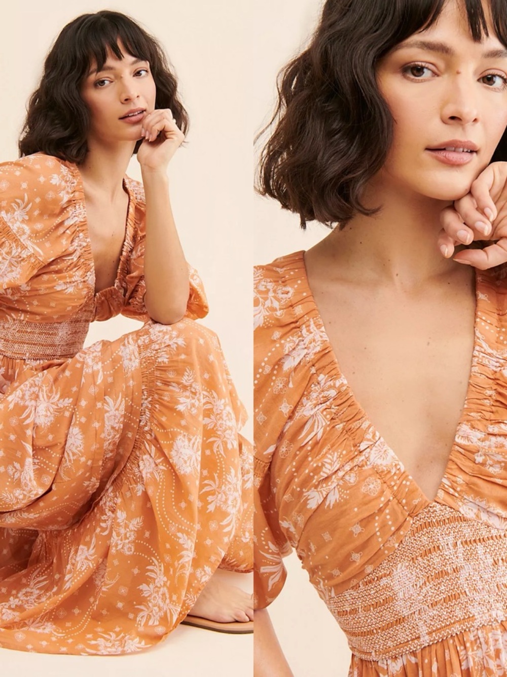 Free People Golden Hour Maxi Dress Large Boho Orange Peach Floral Cotton Flowy
